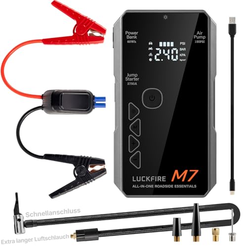 Smarte Starthilfe Powerbank für Pkw, 12V Auto Starthilfe Powerbank mit Kompressor, 150-PSI Elektrische Luftpumpe, 60Wh Powerbank - Für bis zu 8,5-L Benzin- und 6,5-L Dieselmotoren