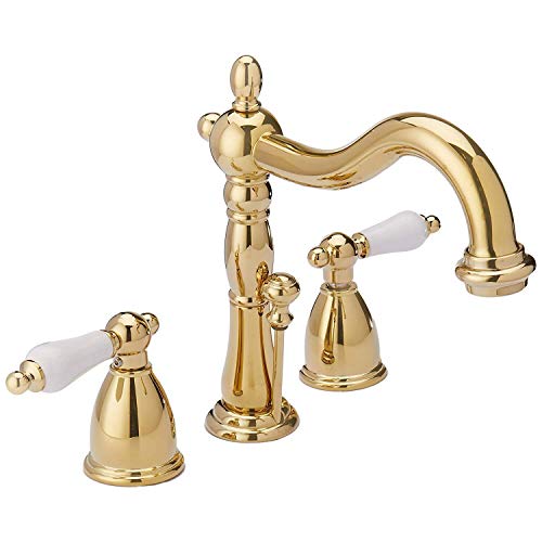 Product Image of the Kingston Brass KB1972PL Heritage Widespread Lavatory Faucet with Porcelain Lever Handle, Polished Brass,8-Inch Adjustable Center