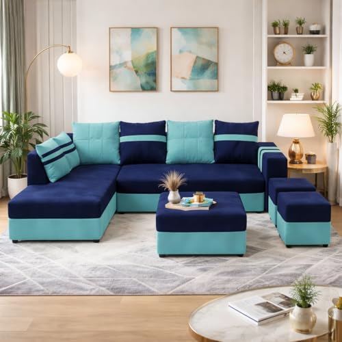 Image of Stova Luxe Velvet-Suede Fabric 8 Seater LHS L Shape Sofa Set | with 2 Ottoman & Centre Table| Comfortable & Spacious Seating | Modern Sofa Set for Living Room - Sky Blue & Dark Blue
