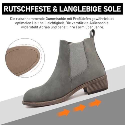 Maxome Stiefeletten Damen Knöchelstiefel Mit Reißverschluss Wasserdichte Leder Stiefeletten Stylische Chelsea Boots Mit Niedrigem Absatz Spitze Zehen Freizeitschuhe Herbst Winter Damenstiefel Grau