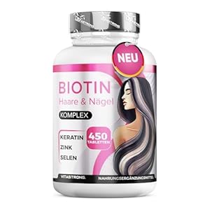 Biotin Hochdosiert Vitastrong mit Selen Zink, Keratin, Kupfer, Bambus, Vitamine für Haare, 450 Tabletten (15 Monate) Biotin Komplex Premium Ohne GVO, Bio Haare, Haut und Nägel mit Selen Hochdosiert