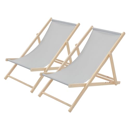 ECD Germany Lot de 2 Chaises Longues Pliantes en Bois Chiliennes, Gris Clair, Dossier Réglable, 3 Positions de Couchage, jusqu'à 120kg, Bain de Soleil en...