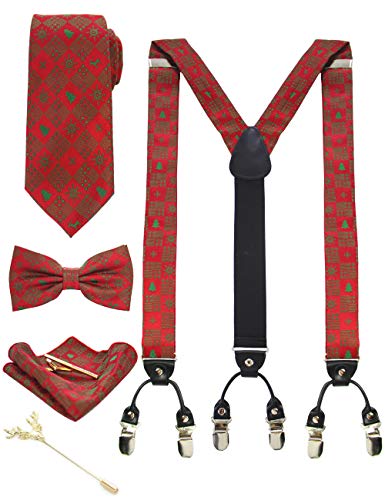 JEMYGINS Tirantes de Navidad para Hombre en 3.5cm Forma Y Ajustables Anchos con 6 Clips Fuertes y Set de Corbata Pajarita Pañuelo de Bolsillo en Caja de Regalo Rojo árbol