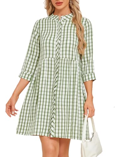 Ladyful Women's 3/4 Sleeve Plaid Mini Dress Gingham Button Down Crewneck Casual Checkered Tunic Shirt Dress