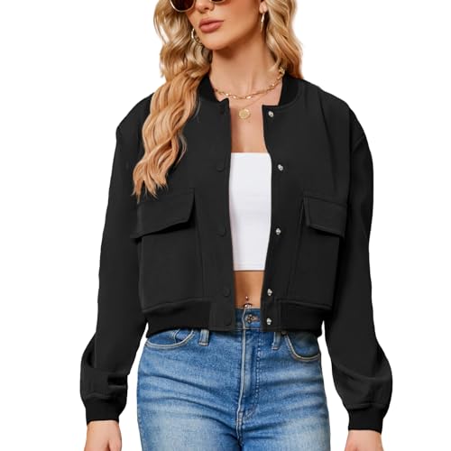 Durio Womens Bomber Jacket Fashion Short Cropped Jacket Casual Jackets for Women Varsity Jacket with Pockets Spring Fall Black Medium - Main Image