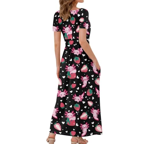 Image of Women's Fall Summer Short Sleeve Ankle Length V-Neck Party Dress with Pockets Size S-3XL