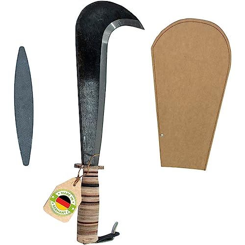4betterdays.com Handgeschmiedetes Schweizer Gertel mit Ledergriff inkl. Gratis Schleifstein und Hülle aus SnapPap/Staudensichel, Handsichel, Sichelmesser/Made in Germany