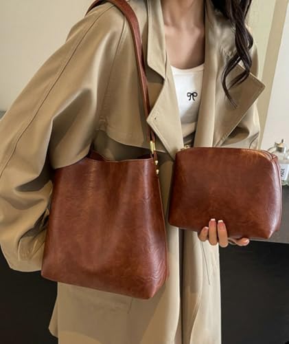 Women's Bucket Shoulder Tote Bags Fashion Large Top Handle Satchel Handbags PU Leather Crossbody Purses 2pcs4