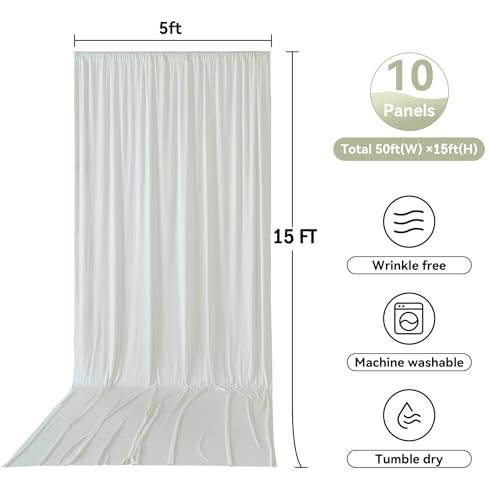 Image of 50x15ft Ivory Backdrop Curtains for Parties, Wrinkle Free Polyester Ivory Photo Backdrop Drapes 10 Panels 15 ft Long Back Drop Cloth Drapery for Wedding Birthday Photography Background Party