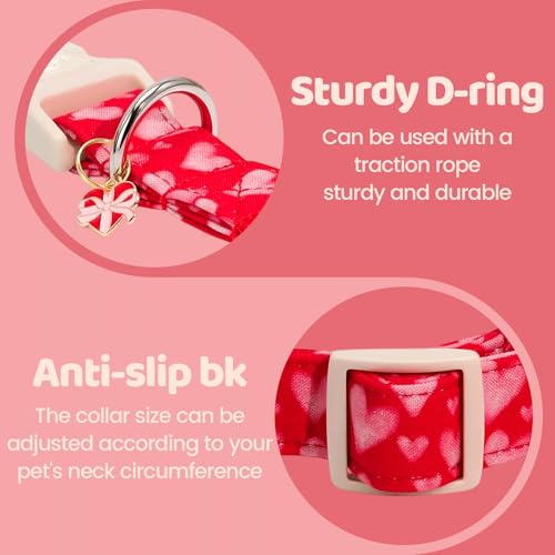 Image of Valentine's Lovely Pink Heart Dog Collar for X-Small Dogs | Valentine Pet Outfit,Wedding,Anniversary,Daily Walks,Adjustable,Cotton Fabric,Quick Release Plastic Buckle,Pendant,Female Dog