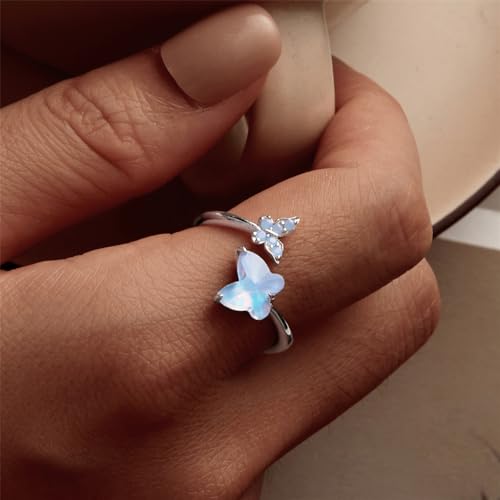 Opal Butterfly Adjustable Open Wrap Ring 925 Sterling Silver White Gold Plated Stacking Statement Blue Wedding Finger Rings for Women Fashion Layered Comfort Fit Christmas Valentine Jewelry Gift for Wife2