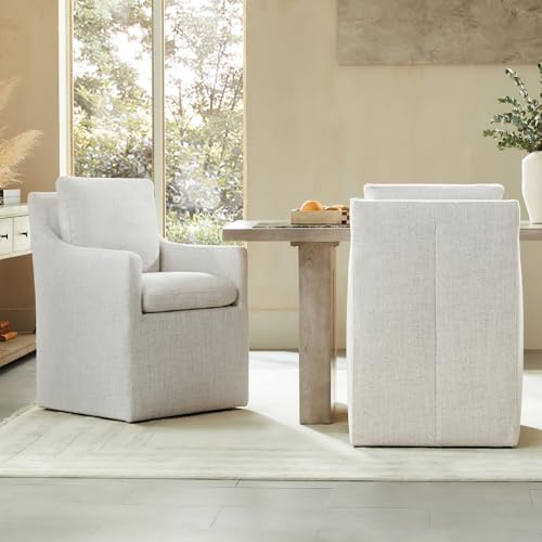 Image of KISLOT Upholstered Dining Chairs with Casters, No Assembly Modern Accent Armchair with Rollers for Dining Room, Bedroom, Living Room, Reading Room, Already Assembled, Linen, 4 Box