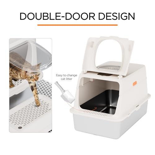 XL scatola di lettiera per gatti in acciaio inossidabile chiusa, 61x41x39cm XXL dimensioni con coperchio, vassoio rimovibile e scoop, controllo dell'odore per grandi gatti, facile pulizia base antiade