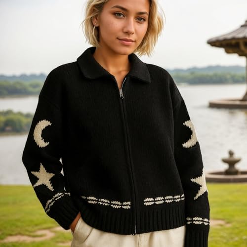 Image of Star Cardigans for Women Knit Button Up Sweater Coat Open Front Cardigan Zip Up Long Sleeve Streetwear with Pocket