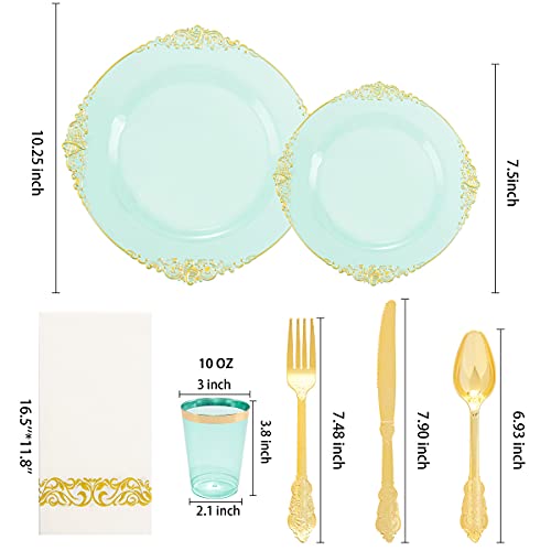 Hioasis 175Pcs Clear Green Plastic Plates&Disposable Gold Plastic Silverware Include 25 Dinner Plates 25 Dessert Plates 25Knives 25Forks 25Spoons 25Cups 25Napkins Perfect For Wedding&Parties #TOP6