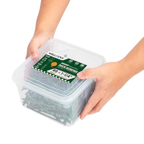 Image of WELLOCKS #8 x 1-1 /4 in Green Deck Screws, 5.2 lbs with T25 Bit | T25 Bit Included, Epoxy Coated Screws for Outdoor Trim, Fence Boards, Deck Boards, and Repairs.