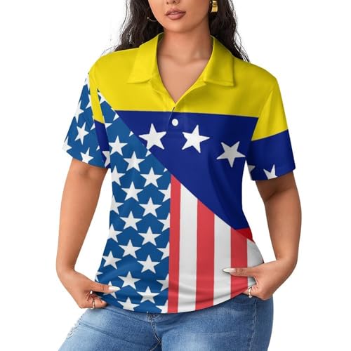 Polo de manga corta para mujer con bandera de EE. UU. y Venezuela