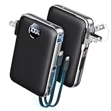 Sucrosey Portable Charger with Built-in Cables & Wall Plug, 10000mAh Power Bank, 4 Outputs 22.5W USB C Fast Charging, Slim Travel Battery Pack with LED Display for iPhone 17/16/15/14, Black