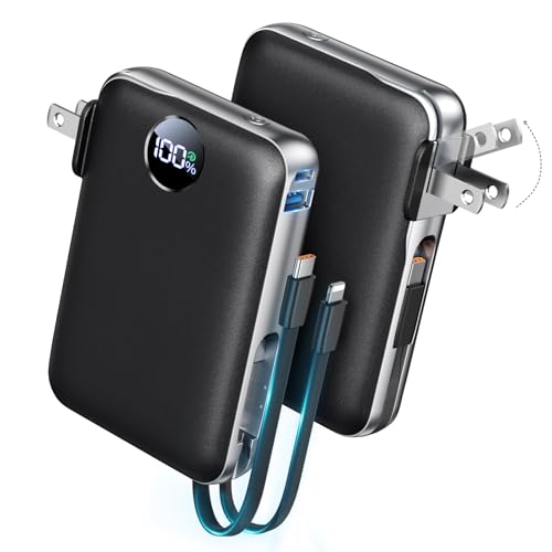 Sucrosey Portable Charger with Built-in Cables & Wall Plug, 10000mAh Power Bank, 4 Outputs 22.5W USB C Fast Charging, Slim Travel Battery Pack with LED Display for iPhone 17/16/15/14, Black