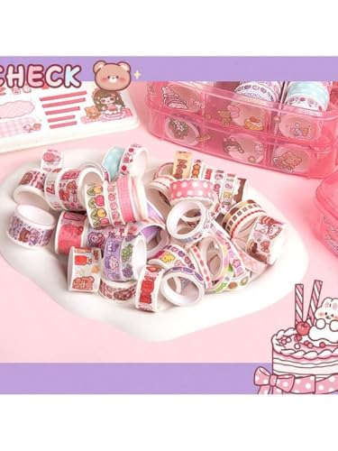 Image of Washi Tape Set - 100 Pcs Decorative Designer Tapes + 20 Kawaii Stickers, Tweezer, Pen, Spatula in 3-Layer Storage Box | Masking Tapes for DIY Crafts, Journaling, Scrapbooking (MODEL 1)