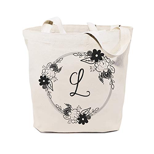 The Cotton & Canvas Co. Personalized Monogram Floral Initial L Beach, Shopping and Travel Reusable Shoulder Tote and Handbag