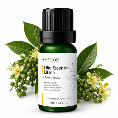 Olio Essenziale Litsea Cubeba 15ml AMYRON | May Chang - Verbena Esotica - Naturale E Puro Al 100% Ideale Per Aromaterapia E Diffusore Oli Essenziali - Massaggi aromatici - Uso Alimentare Senza OGM.