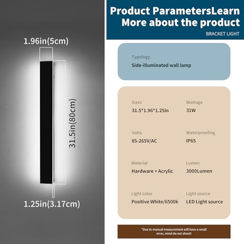 Image of 2 Pack 31.4inch Modern Exterior Wall Lights, 6000K Cold White, Outdoor Wall Mount Linear Sconces, 31W, IP65 Waterproof Minimalist Strip Led Lighting for House, Porch, Garage, Garden