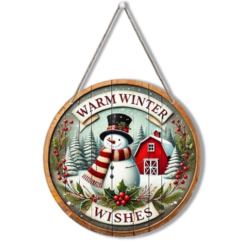 Mtruil Christmas Wreath 12Inch Winter Door Sign Snowman Snowflake Wooden Hanging Wreath Welcome Sign Home Porch Farmhouse Decor