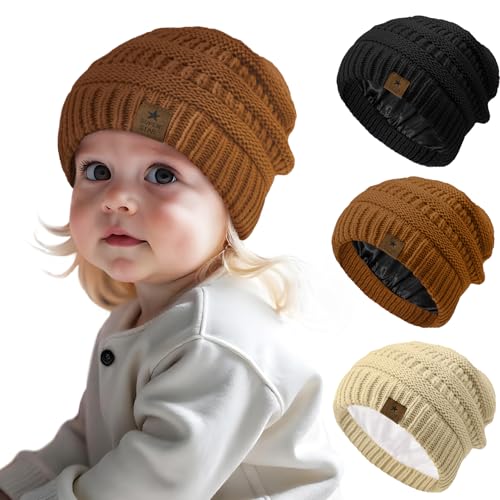 Durio 3 Pcs Satin Lined Beanie for Baby Girl Winter Hat Knit Warm Toddler Beanies for Babies Infant Boys Winter Hats for Kids