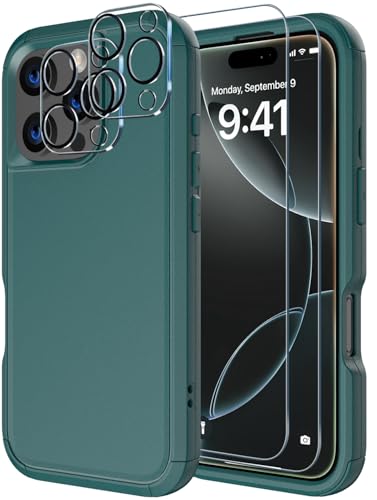 Image of Diverbox for iPhone 16 Pro Case [Shockproof] [Dropproof] [Tempered Glass Screen Protector + Camera Protectors] Heavy Duty Protection Phone Case Cover for Apple iPhone 16 Pro (Dark Green)