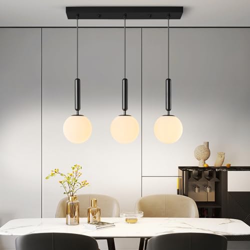 Image of Modern Black Pendant Lights Kitchen Island Mid Century with Globe Pendant Light Milk White Glass Pendant Lighting for Living Room Bedroom Entryway (3 Lights)