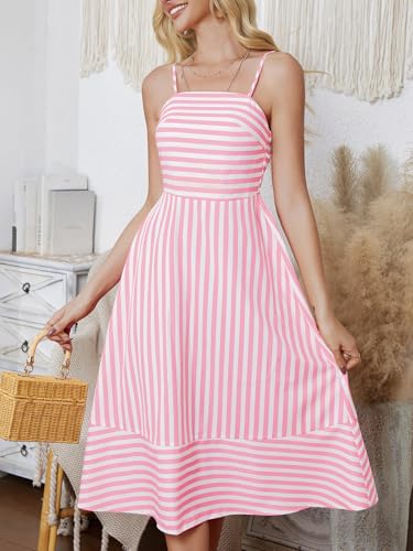 Image of Striped Sleeveless Midi Summer Dress for Women Spaghetti Strap Backless Smocked Swing Beach Dresses Rose Red