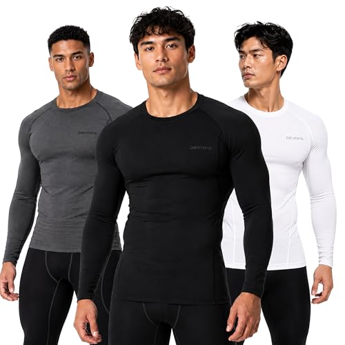 DEVOPS 3 Pack Men's UPF 50+ Long Sleeve Compression Baselayer Shirts Quick Dry, Cool Gear for Running Gym and Workouts (Large, Black-Charcoal-White)