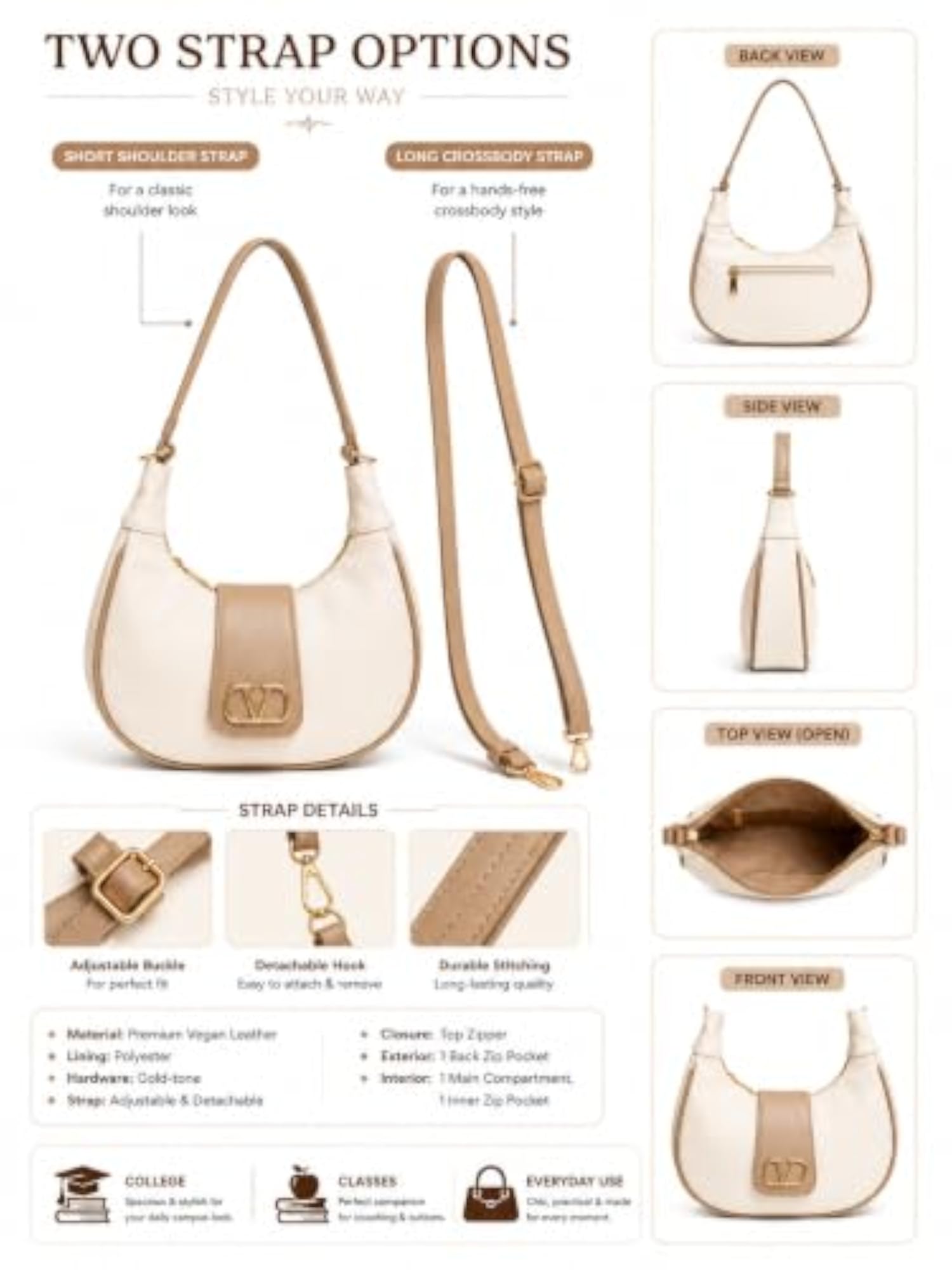 Women's Shoulder & Sling Bag with Detachable Strap