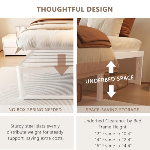 Image of ZTH Full Size Metal Platform Bed Frame 12 in, No Box Spring Needed, White | Heavy duty support, Underbed storage, Noise-free design, Anti-slip clips, Rounded legs, Easy assembly, Headboard compatible