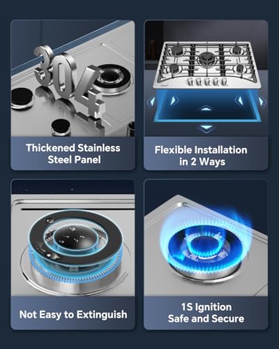 Image of Ranein 30 Inch 5 Burner Gas Cooktop, NG /LPG Convertible Gas Stove Top, 304 Stainless Steel with Thermocouple Flameout Protection for Kitchens, Apartments, RVs