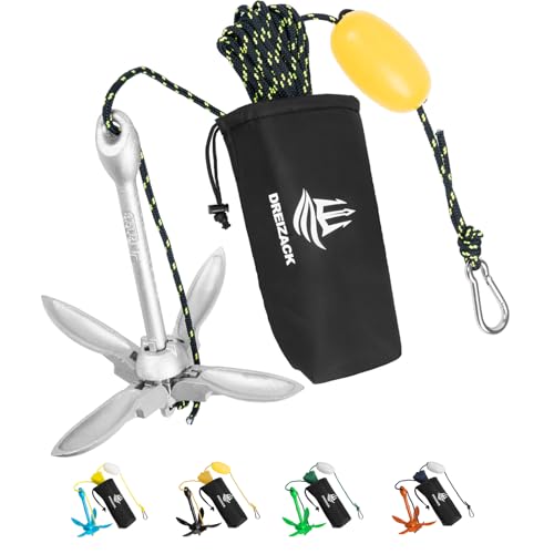 Dreizack Kayak Anchor Kit, 3.5 lb Folding Grapnel Boat Anchor Trolley Accessories with 40ft Rope and PVC Buoy for Fishing Kayaks SUP Paddle Boards Canoes Jet Ski PWC Inflatable Small Boats, Silver