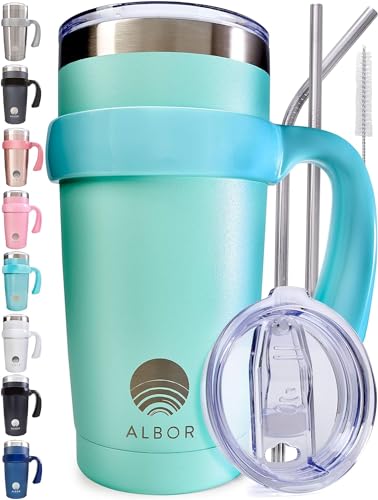 ALBOR Dreifach Isolierter Thermobecher 600ml aus Edelstahl - Trinkbecher mit Deckel und Strohhalm -...