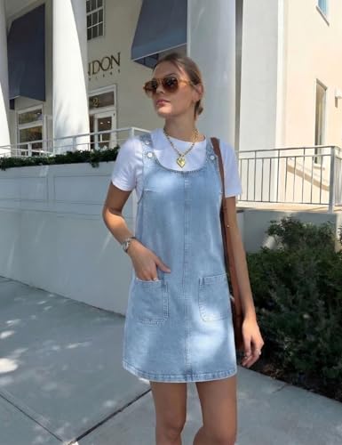 Image of Xaspee Denim Overall Dress for Women Casual Mini Sleeveless Jean Vintage Jumper Skirt Dress with Pockets