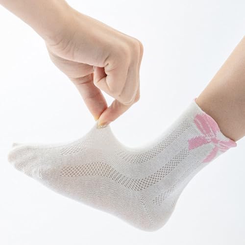 5-Pack Girls Bow Breathable Mesh Socks White Combed Cotton Thin Summer Ankle Socks for Kids Toddlers3