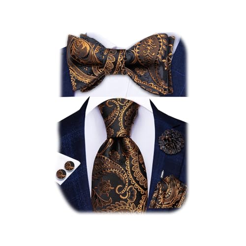 Image of Hi-Tie 5Pcs Mens Solid Color Silk Tie Satin Pretied Bowtie Lapel Pin for Men Handkerchief Cufflink Wedding Gift Box
