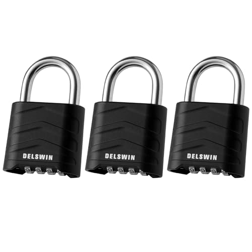 DELSWIN 3 Pack Large Combination Padlock - 4 Digit Resettable Combo Lock with Hardened Steel Shackle, Security Aluminum Body, Weatherproof Combination Lock for Gym Locker, Gate, Shed, Fence, School