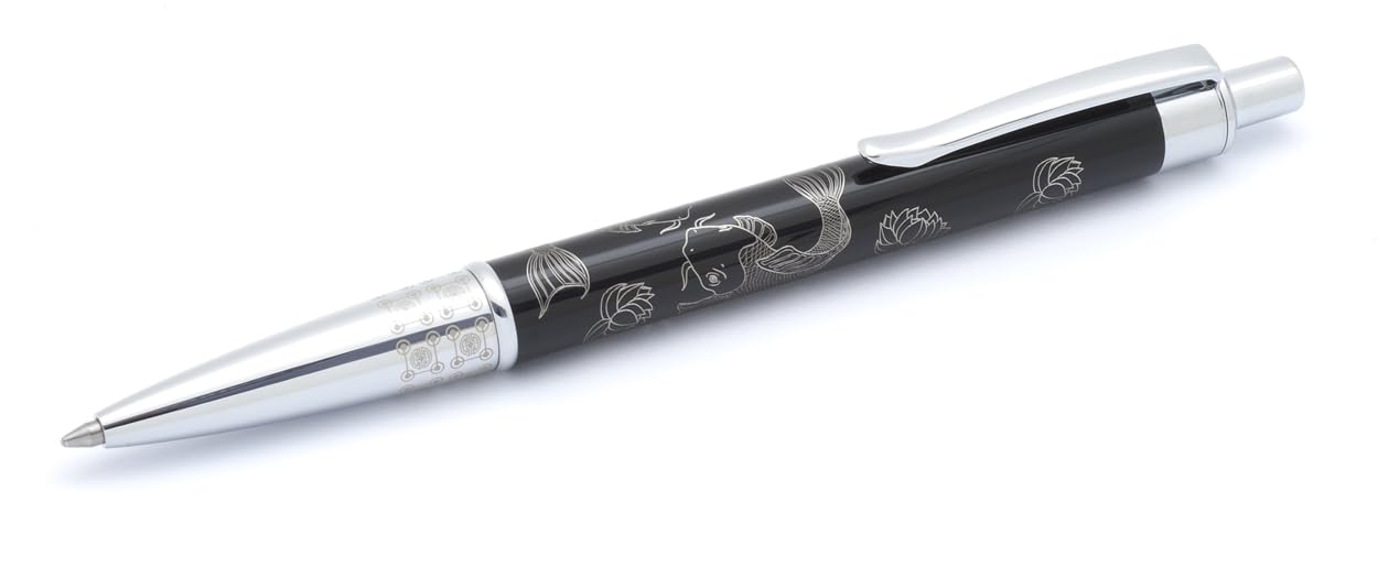 inoxcrom:BEAT Lotus Ballpoint Pen Black | Lacquered Metal Body with Chrome Finish | Gift Box | Laser Engraved with Oriental Patterns