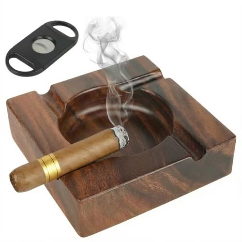 Premium Wooden Cigar Ashtray with Cigar Cutter, Large Cigarette Ash Tray Set with 4 Slot Holder, Accessories Outdoor Indoor Home Bar Use, Ideal Christmas Father's Day Gift for Men