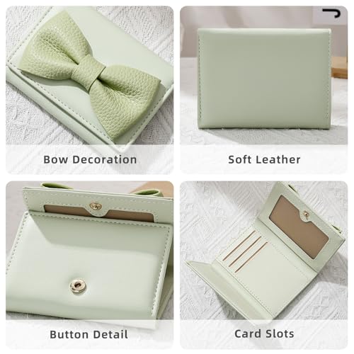 Small Wallets Woman, Cute Tri-fold Ladies Coquette Wallet for Women, Green Bow Credit Card Coin Holder Purse with ID Window for Cash Key Change (Green)3