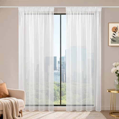 Runyéla Lot de 2 Rideau Voilage Fenetre Blanc 140x200 cm(LxH) avec Galon Fronceur, Transparent Moderne Rideaux et Draperies Décorations Intérieurs Cuisine...
