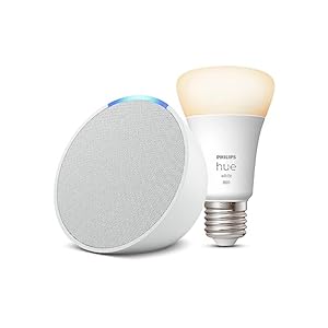 Echo Pop | Enceinte Connectée Blanche + Ampoule Philips Hue