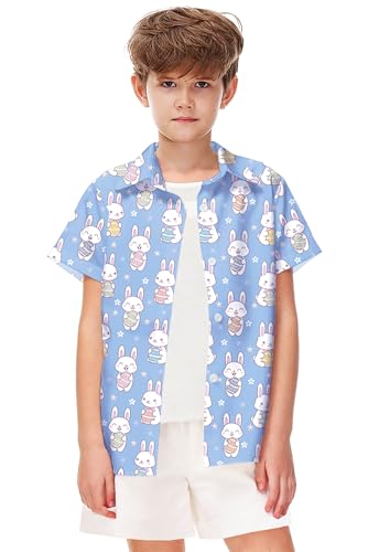 Image of Remimi Unisex Kids 4th of July Button Up Shirt Boys American Flag Print Hawaiian Beach Short Sleeve Tops 5-14 Years