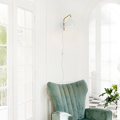Globe Electric 65548 1-Light Plug-In Or Hardwire Wall Sconce, Matte White, Antique Brass Accent Arm, White Fabric Cord, In-Line On/Off Switch, Wall Lighting, Wall Lights For Bedroom, Home Improvement #TOP7