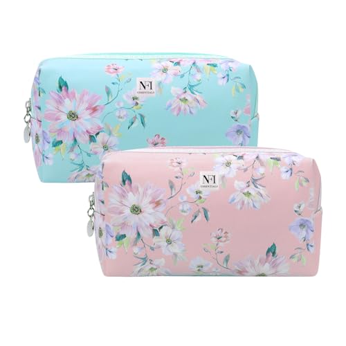 Image of NFI essentials Pack of 2 Makeup Pouch Floral Print Cosmetic Pouch Vanity Case Jewellery Pouch Stationery Pencil Case Travel Organiser Travel Pouch